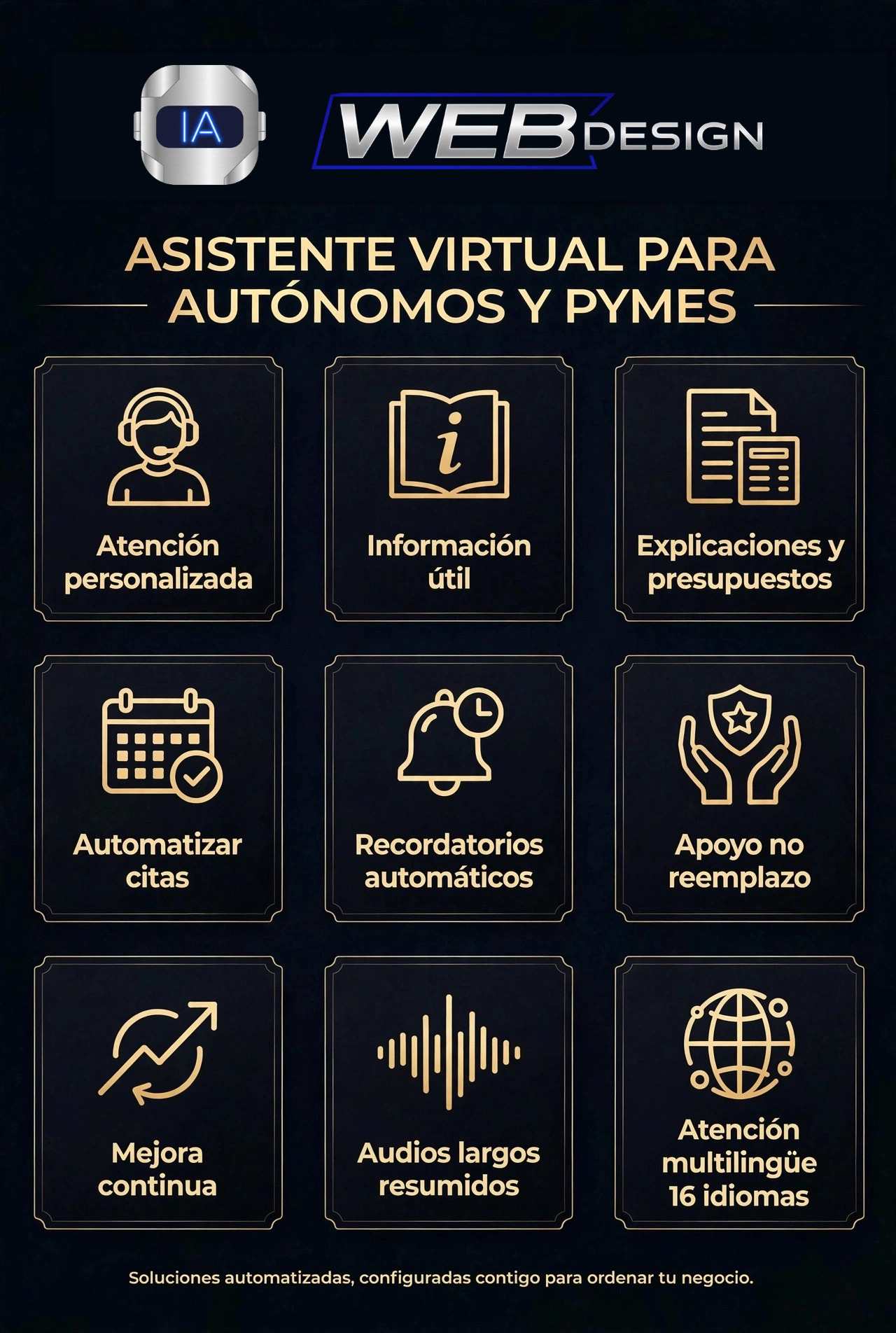 Infografía de funciones del asistente virtual de WebDesign para autónomos y pymes