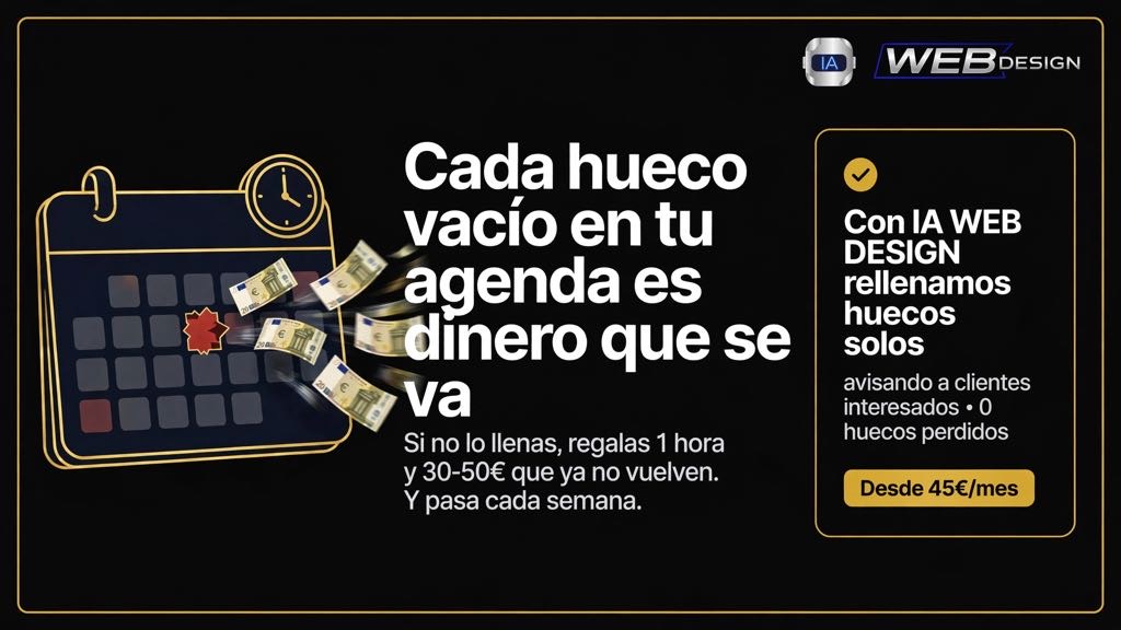 Banner de WebDesign sobre avisar a clientes interesados para ayudar a llenar los huecos libres de la agenda; mantenimiento desde 45 euros al mes.