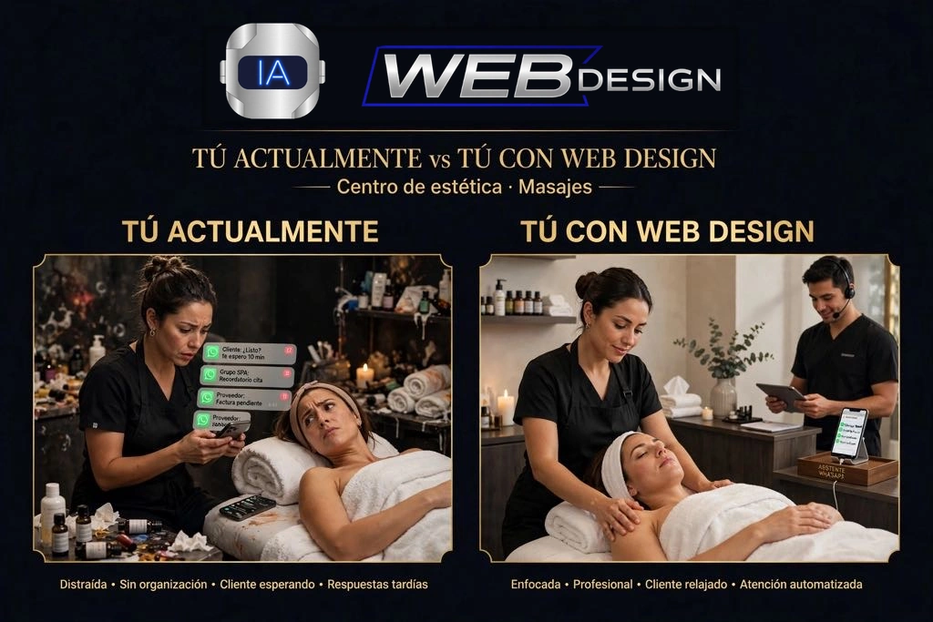 Centro de estética y masajes con una comparación visual de la organización de consultas por WhatsApp