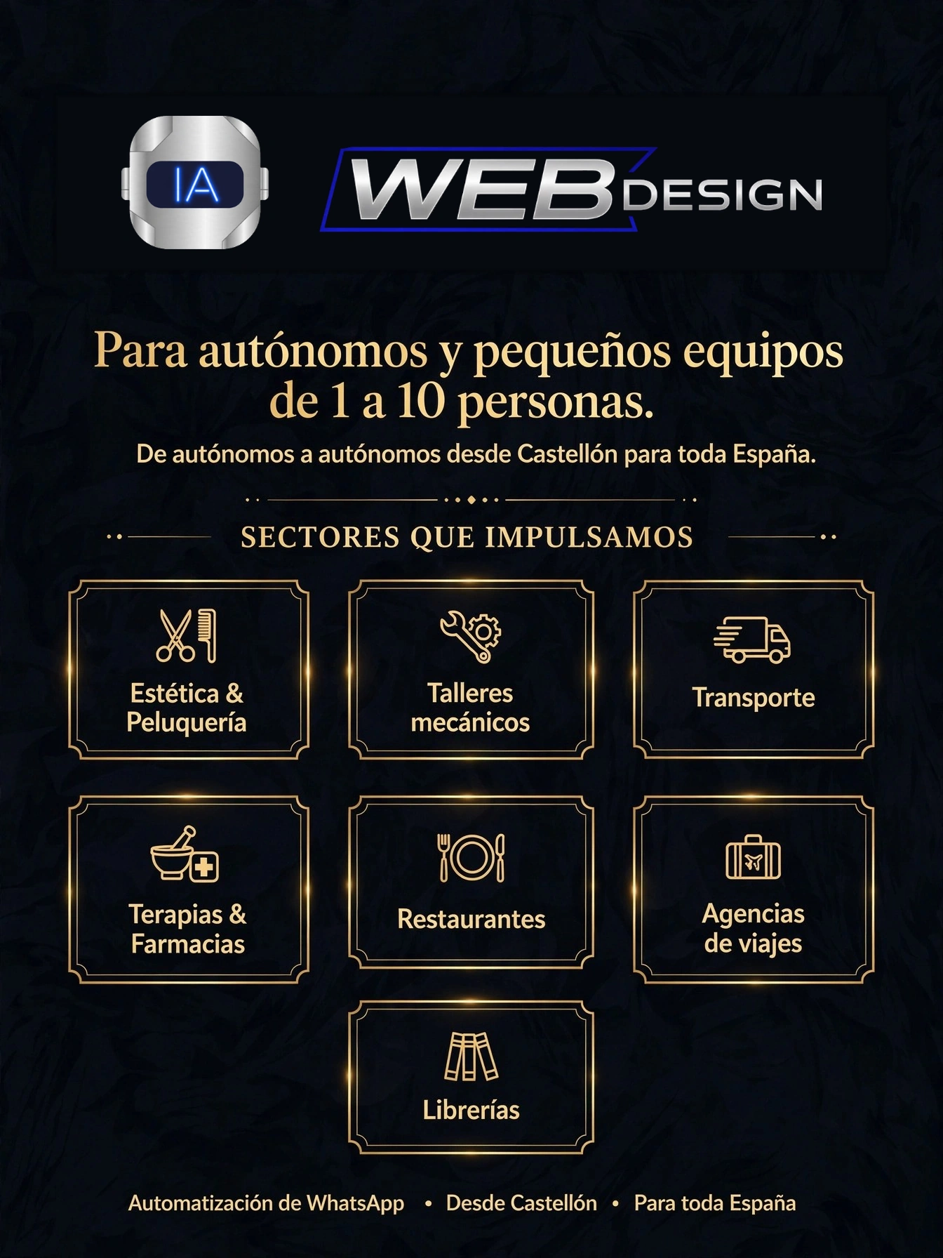 Sectores a los que WebDesign adapta su automatización de WhatsApp, desde estética y talleres hasta transporte y viajes