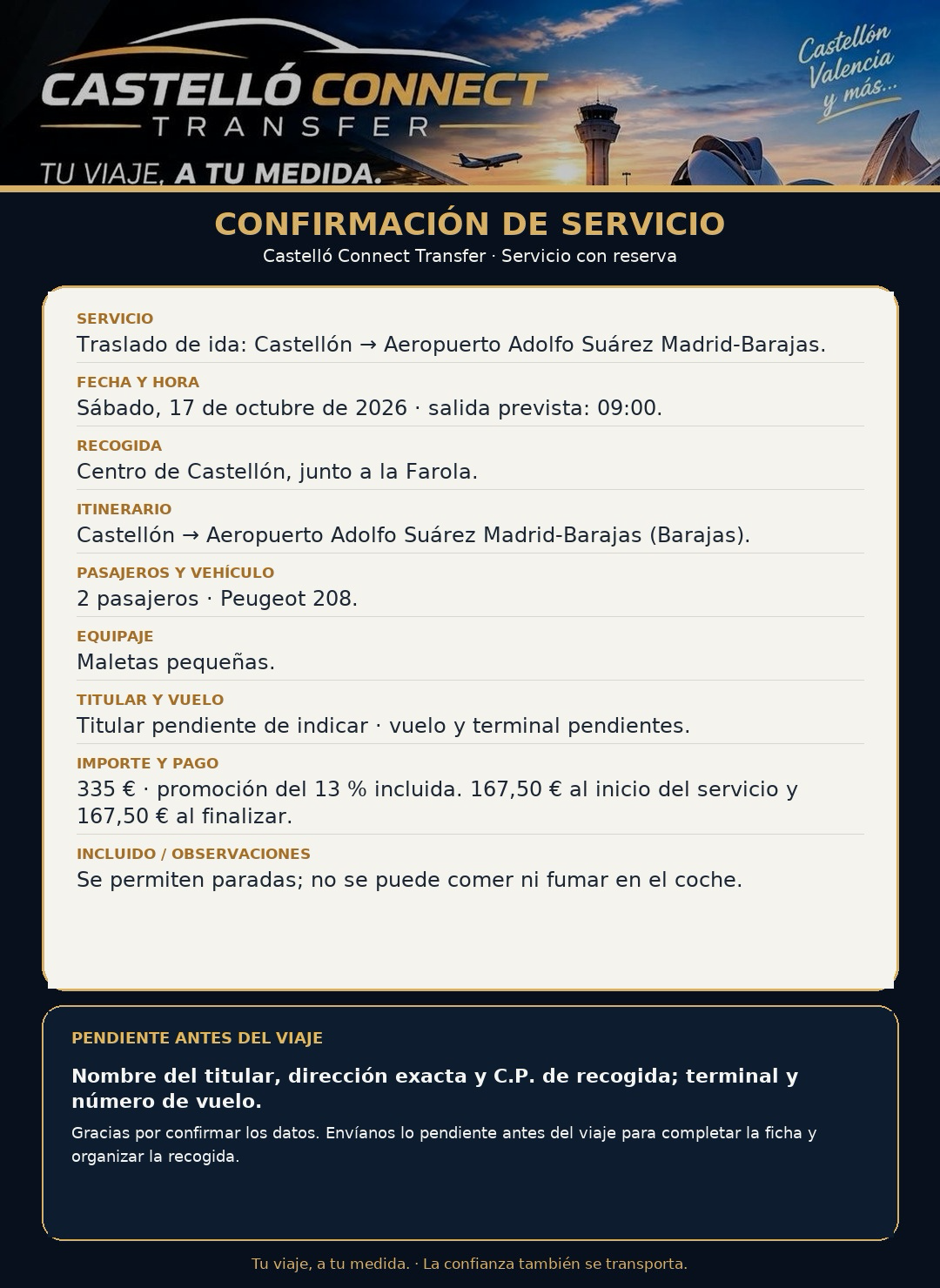 Ejemplo de ficha de confirmación de un servicio de transporte en Castellón, de Castelló Connect Transfer