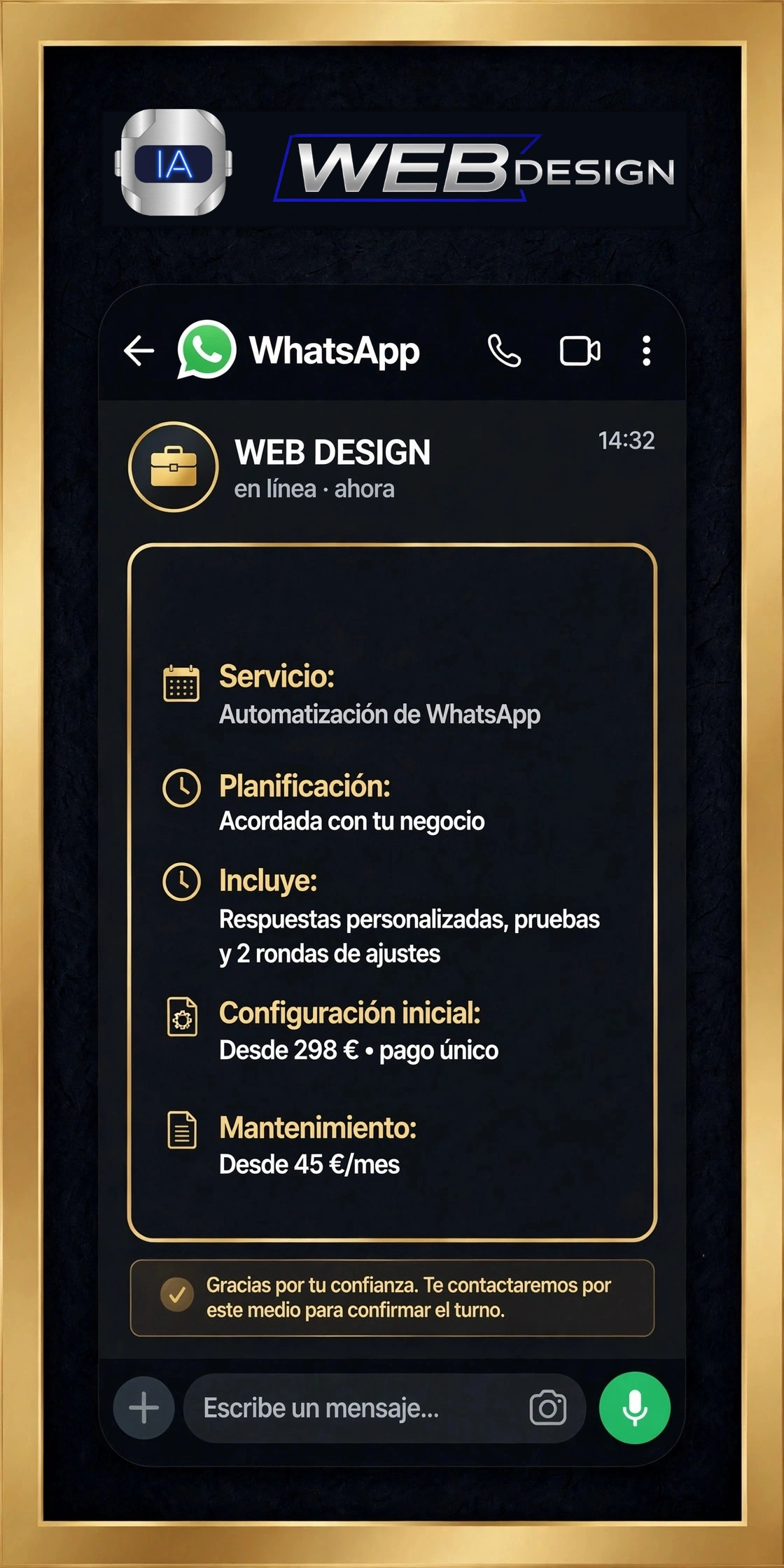 Ejemplo de confirmación de servicio de automatización de WhatsApp de WebDesign con precios vigentes