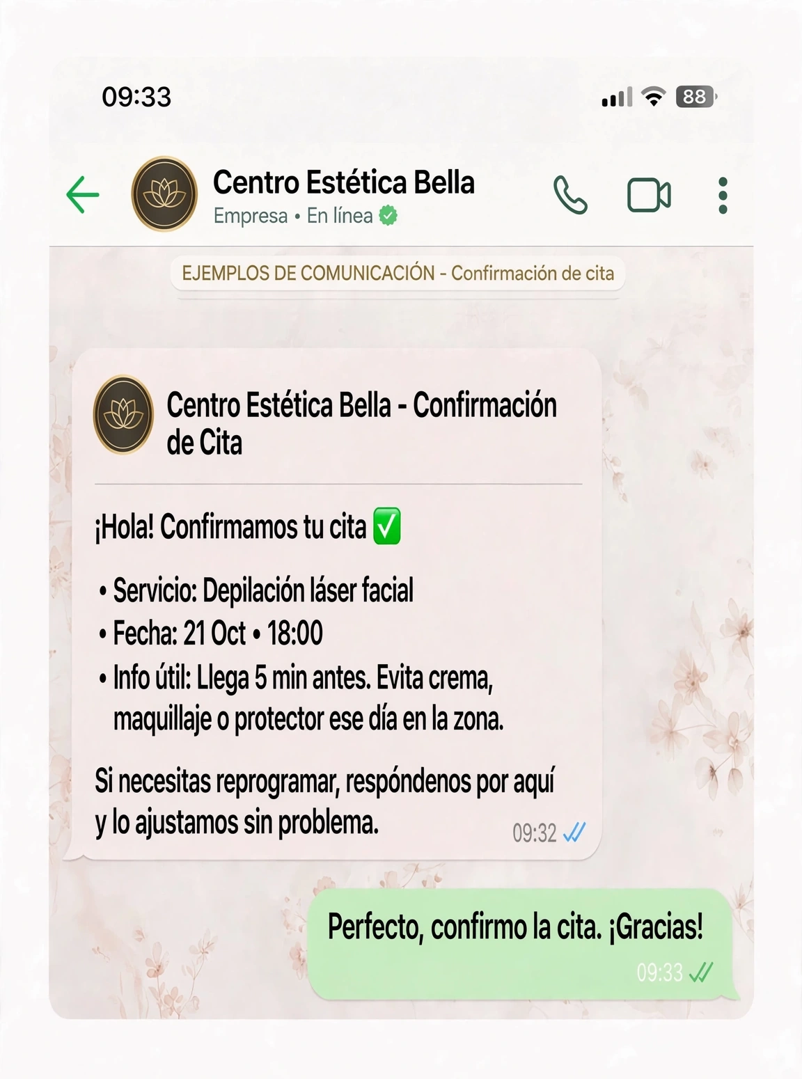 Confirmación ilustrativa de cita para un centro de estética, presentada como una captura móvil de WhatsApp con tonos rosas suaves.